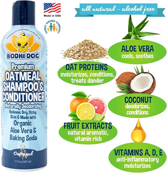 Bodhi Dog Grooming Bundle - Oatmeal Shampoo &amp; Conditioner with Bath Brush - Pet Shower Supplies for Dogs and Cats - Gentle Care for Long, Short &amp; Curly Hair, Safe and Effective, Made in USA