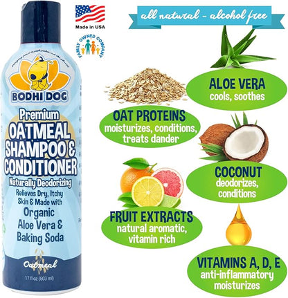 Bodhi Dog Grooming Bundle - Oatmeal Shampoo &amp; Conditioner with Bath Brush - Pet Shower Supplies for Dogs and Cats - Gentle Care for Long, Short &amp; Curly Hair, Safe and Effective, Made in USA