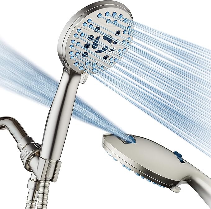 Hotel Spa AquaCare High Pressure 8-mode Handheld Shower Head, Anti-clog Nozzles, Built-in Power Wash to Clean Tub, Tile &amp; Pets, Extra Long 6 ft. Stainless Steel Hose, Wall &amp; Overhead Brackets