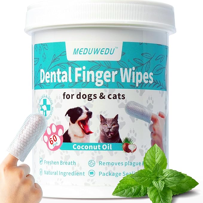 Dental Care Finger Wipes 60 Counts,Teeth Cleaning Finger Wipes for Dogs &amp; Cats,Reduces Plaque &amp; Freshens Breath, Small Animal Stain Removers, Mint Scent