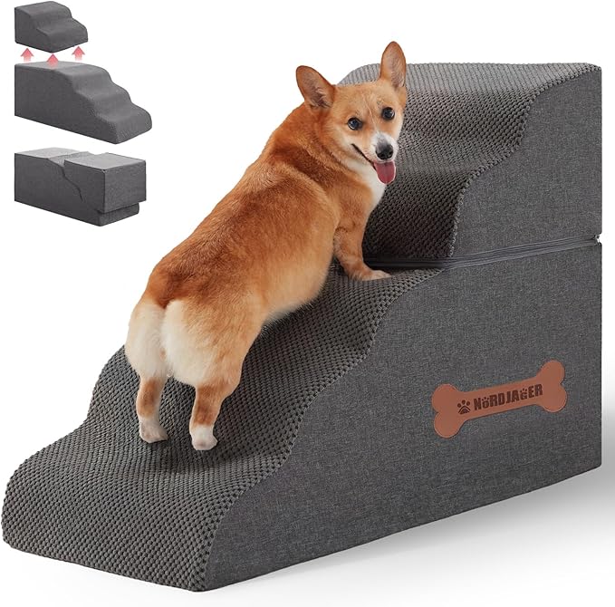 5-Step Spliceable Pet Stairs: Indoor&amp; Outdoor Multi-Use with a Removable Cover and a Pocket, Best for Small Pets and Older Dogs Who Has Spine and Arthritis Issues to Get on High Beds, Grey（22.8" H