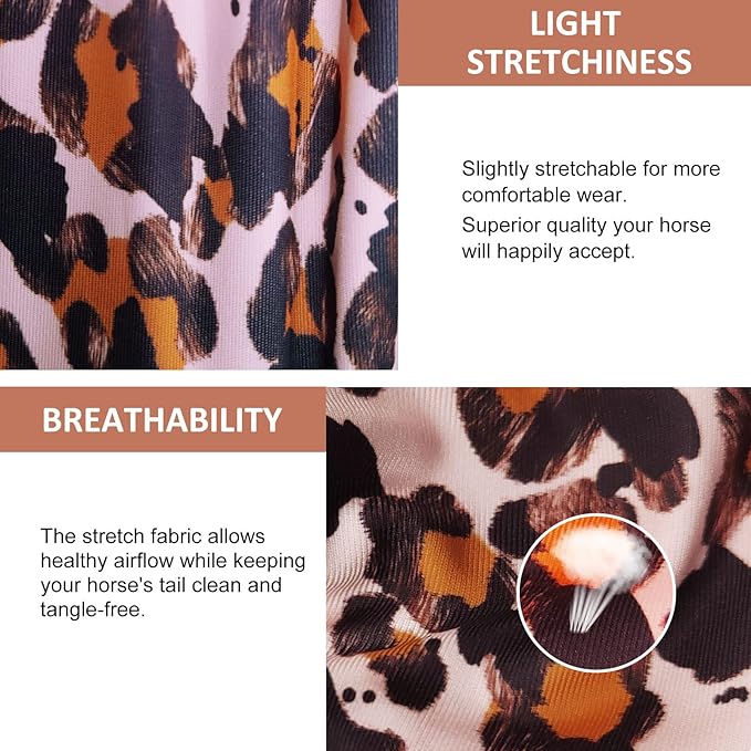 Harrison Howard Stretchy Tail Bag Breathable Horse Tail Guard Slip on Design Protect Horse Tail 2 Strand Closure Straps Keep Tail Clean &amp; Protected 22" L Length Makes Grooming Easy-Leopard Print