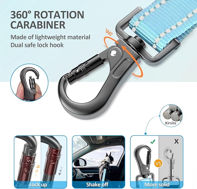 Dog Seat Belt 3-in-1 Car Harness for Dogs Adjustable Safety Seatbelt for Car Nylon Reflective Bungee Fabric Dog Car Harness with Clip Hook Latch &amp; Buckle, Swivel Zinc Alloy Carabiner (Light Blue)