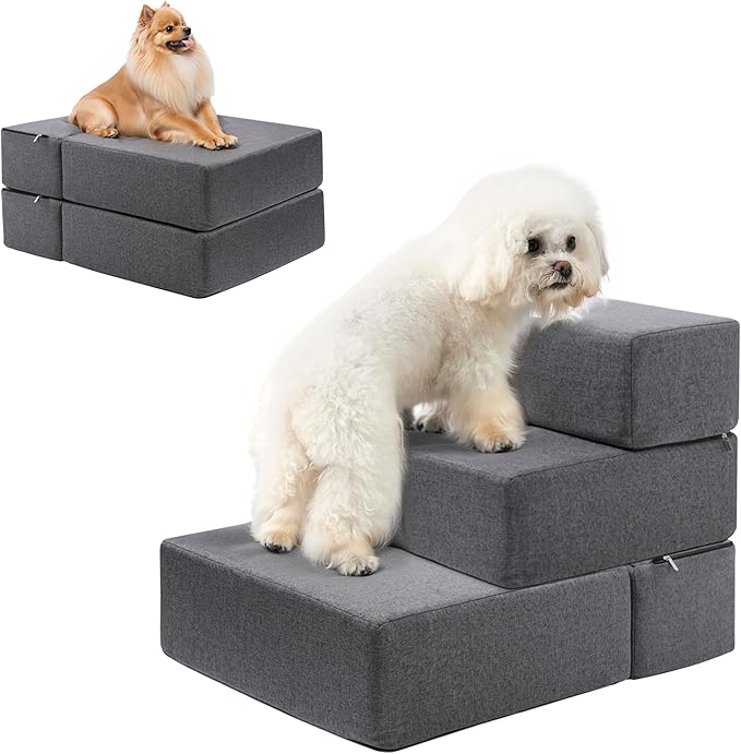 Foldable 18 Inch Wide 3 Step Wide Dog Stairs for Large Dogs, 18 Inch Height Foam Dog Steps for Bed &amp; Couch, Linen Covered Pet Stairs for Dogs to Get on Bed, Outdoor Foam Pet Steps for for Cars &amp; SUV