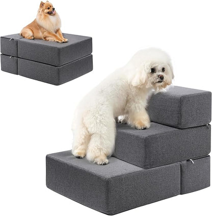 Foldable 18 Inch Wide 3 Step Wide Dog Stairs for Large Dogs, 18 Inch Height Foam Dog Steps for Bed &amp; Couch, Linen Covered Pet Stairs for Dogs to Get on Bed, Outdoor Foam Pet Steps for for Cars &amp; SUV