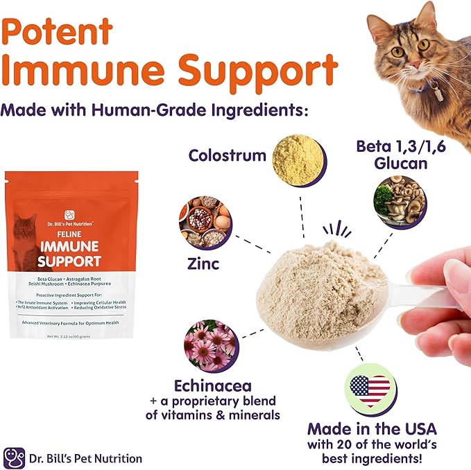 Dr. Bill’s Feline Immune Support | Boosts Cat Immunity and Health with Colostrum, Beta Glucan, Turkey Tail Mushroom, Zinc &amp; Vitamin C | Powder Supplement for Cats of All Ages