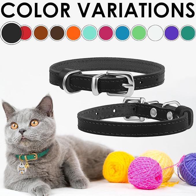BRONZEDOG Leather Cat Collar with Removable Bells Non Breakaway Kitten QR Tag for Girl Boy (9" - 12" Cats/Mini Dogs, Black &amp; Silver)