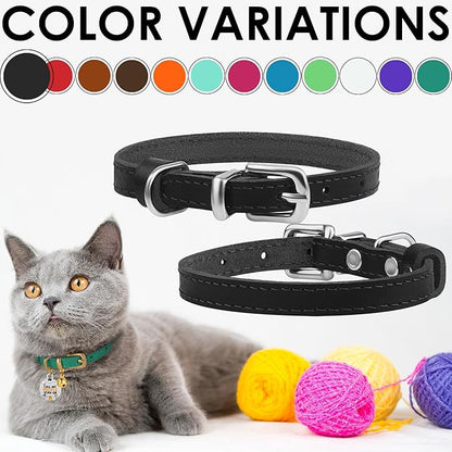BRONZEDOG Leather Cat Collar with Removable Bells Non Breakaway Kitten QR Tag for Girl Boy (9" - 12" Cats/Mini Dogs, Black &amp; Silver)