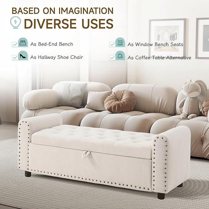 Ottoman with Storage, Tufted Storage Bench for Bedroom, 48" Fabrics End of Bed Bench, Upholstered Entryway Shoe Benches with Rolled Arm &amp; Inner Zipper, Window Ottomans Chest with Rivets, Beige