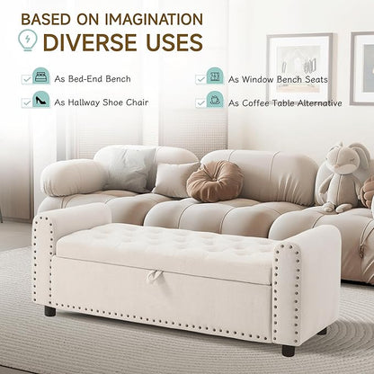 Ottoman with Storage, Tufted Storage Bench for Bedroom, 48" Fabrics End of Bed Bench, Upholstered Entryway Shoe Benches with Rolled Arm &amp; Inner Zipper, Window Ottomans Chest with Rivets, Beige