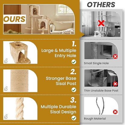 59in Large Cat Tree Tower for Indoor Cats with Soft Plush Hang Ball, Two Condos, Sisal Scratch Posts &amp; Rope Play for Kittens/Adult Cats, New Beige