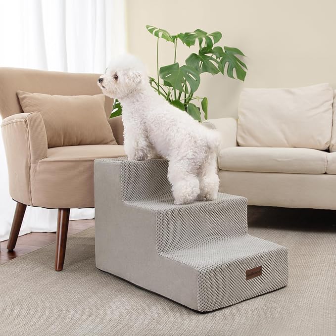 Dog Stairs for Small Dogs &amp; Cats, 3-Step Extra Wide Non-Slip Pet Steps for Couch Sofa and Chair, Light Grey, 15.7" H