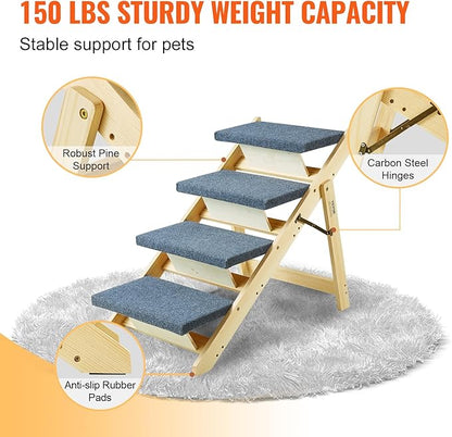 VEVOR Wood Pet Stairs/Pet Steps, 2-in-1 Foldable Wooden Dog Stair for Beds, Sofa and Cars, Dog Stairs &amp; Ramp with 4 Steps for Small Medium Large Pet, up to 150 lbs