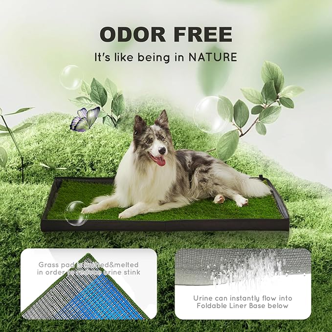 Dog Grass Pad with Foldable Dog Litter Box,Large Liner Base for Balcony，Ultra-Absorbent Artificial Grass Pads for Dogs Pee Pad Holder, Potty Training, 2 PCS Reusable Pee Pad