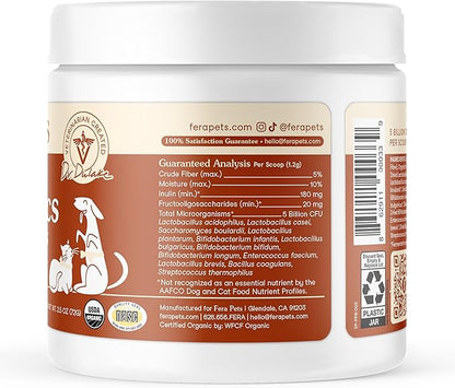 Fera Pets Probiotics for Dogs &amp; Cats with Prebiotics - USDA Organic - Gut Health Powder Supplement with 12 Strains and 5 Billion CFUs - Supports Immunity, Energy and Skin &amp; Coat - 60 Scoops