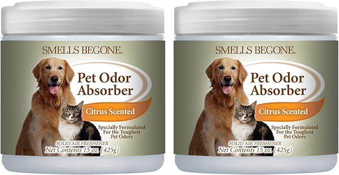 SMELLS BEGONE Air Freshener Pet Odor Absorber Gel - 15 oz, Pack of 2 - Absorbs and Eliminates Odor in Pet Areas, Bathrooms, Cars, &amp; Boats - Made with Essential Oils - Citrus Scent