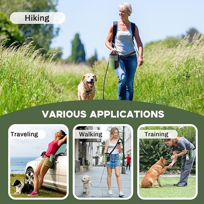 Upgraded large-sized Dog Treat Pouch with waist clip - Fashionable Green&amp;Grey Design - Large Capacity Dog Treat Bag for Dog Walks,Outdoor Activities, Travel and Training - Includes 1 Poop Bags