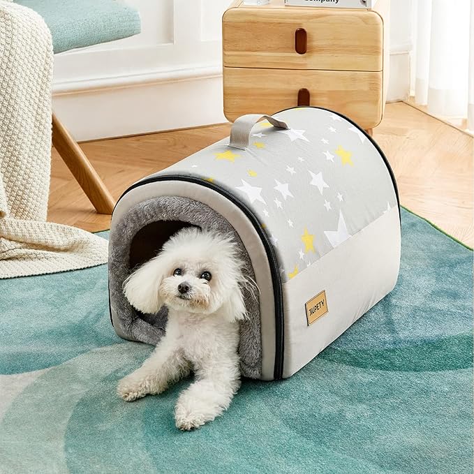 Jiupety Indoor Dog House, 2 in 1 Portable Foldable House Bed with Cover, Pet Tent &amp; Cave Bed for Cats and Small Dogs, M(18"×14"×13"), Up to 9 Lb, Grey