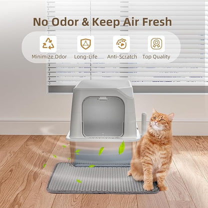 Stainless Steel Cat Litter Box with Lid, Extra Large, Great for Large &amp; Small Cats, Easy to Clean, Anti-Leakage, Non-Sticky, Multifunctional 2 in-1 Metal Cat Litter Box - Light Gray