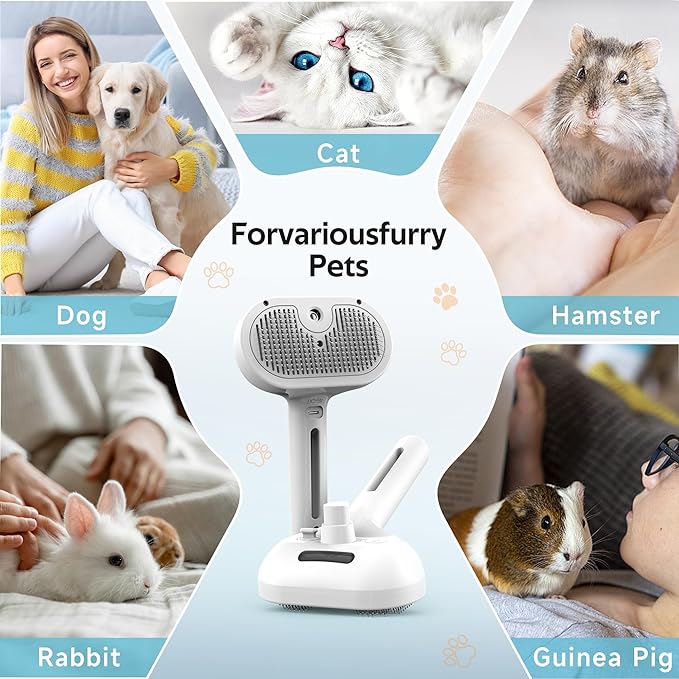 Pet Grooming Brush with Electronic Mist Spray - Gentle Deshedding Tool for Cats &amp; Dogs, Pet Steam Brush，Reduces Shedding, Soft Bristles, Promotes Healthy Coat-Comes with a hair smoothing comb-White