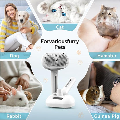 Pet Grooming Brush with Electronic Mist Spray - Gentle Deshedding Tool for Cats &amp; Dogs, Pet Steam Brush，Reduces Shedding, Soft Bristles, Promotes Healthy Coat-Comes with a hair smoothing comb-White