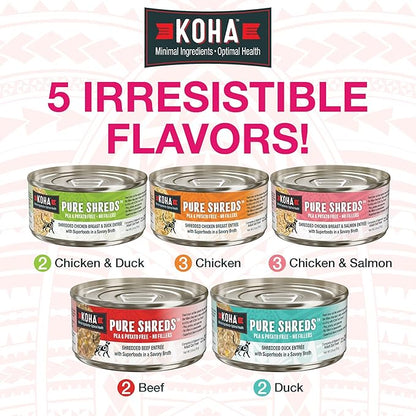 KOHA Pure Shreds Cat Variety Pack, High Protein Wet Cat Food - 5 Flavors - Beef, Duck, Chicken &amp; Duck and Chicken &amp; Salmon Food for Cats - 2.8 oz Cans, Pack of 12