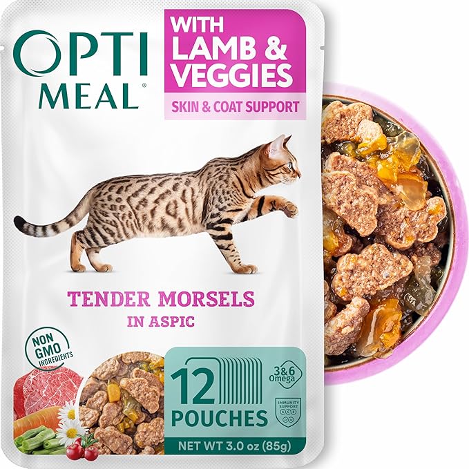 Optimeal Grain-Free Wet Cat Food – Lamb &amp; Veggies Recipe, High Protein &amp; Moisture Rich Indoor Adult Cats Food, Tender Morsels in Savory Gravy Natural Ingredients - 3 oz Pouches, 12 Pack
