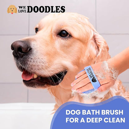 Dog Grooming Bath Brush, Pet Rubber Brush For Shower Scrubbing &amp; Soothing Massage, Ideal for Long &amp; Short Haired Dogs and Cats, Essential Puppy Grooming Accessories, Short Pins [We Love Doodles]