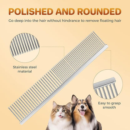 7.5 Inch Professional Stainless Steel Pet Grooming Comb for Dogs &amp; Cats, Wide &amp; Dense Teeth for Removing Tangles, Knots,Undercoat,Flea,Excess Hair, Rounded Corners Design for Safe,Metal Dematting Tool