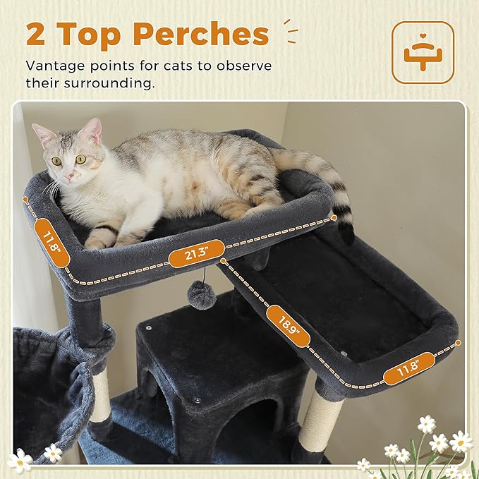 81 Inch Tall Cat Tree for Big Cats &amp; Multi-Cat Homes, Large Heavy Duty Cat Tower with Metal Frame Hammock, 6 Scratching Posts, 2 Condos, 2 Perches, Scratching Pad - Dark Grey