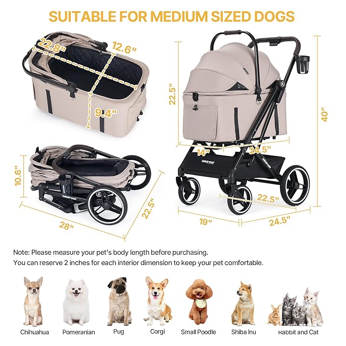 BEBEROAD X3 2 in 1 Pet Stroller for Medium or Two Small Dogs &amp; Cats 4 Wheels Lightweight Foldable Carrier Dog Stroller with Waterproof Weather Cover Cup Holder,Storage Basket(Camel)
