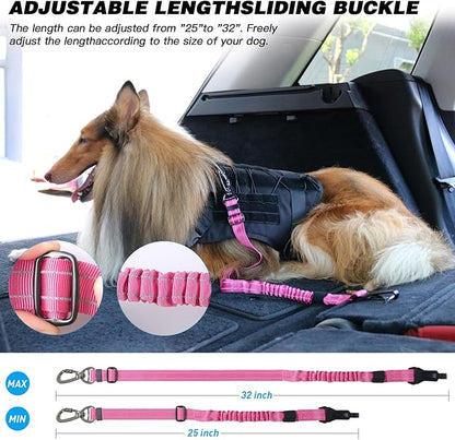 AUBELL Dog Seat Belt for Car,2 Pack Set 3-in-1 Adjustable Reflective Bungee Heavy Duty Dog Car Harness Tether with Clip Hook Latch &amp; Buckle,Swivel Zinc Alloy Carabiner,Black+Hotpink