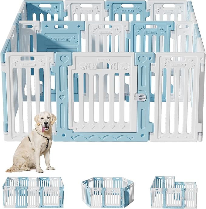 2 Room Dog Playpen with Door,DIY Shape Combination Puppy Pen,16-Panel+2 Link Piece+Large Door+Small Door,25.5" H Dog Fence,Non-Slip&amp;Secure Pet Gate,Easy to Assemble,Blue+White