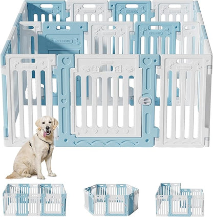 2 Room Dog Playpen with Door,DIY Shape Combination Puppy Pen,16-Panel+2 Link Piece+Large Door+Small Door,25.5" H Dog Fence,Non-Slip&amp;Secure Pet Gate,Easy to Assemble,Blue+White