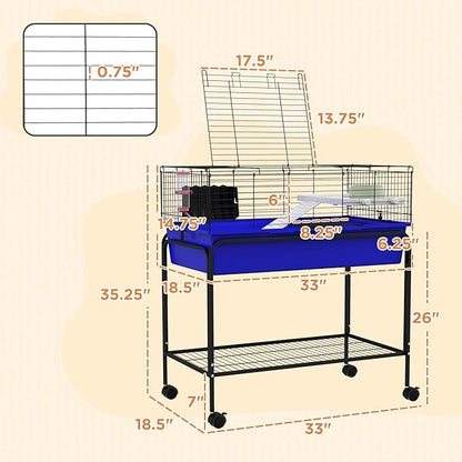 PawHut Two-Story Small Animal Cage Removable from Stand, Guinea Pig Cage with Shelf &amp; Wheels, Pet Habitat for Hedgehog, Chinchilla, Ferret, 33" x 18.5" x 35", Blue