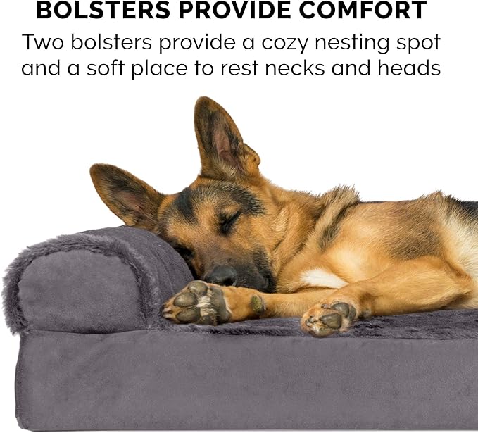 Furhaven Cooling Gel Dog Bed for Large/Medium Dogs w/ Removable Bolsters &amp; Washable Cover, For Dogs Up to 55 lbs - Plush &amp; Velvet L Shaped Chaise - Platinum Gray, Large