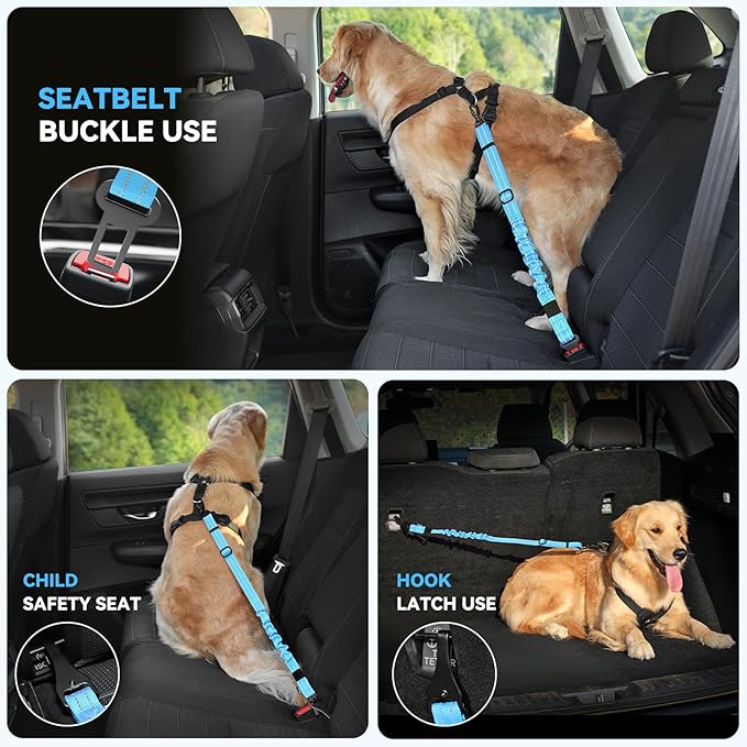 Pawaboo 2Pack Dog Seatbelt for Car, 3-in-1 Dog Seat Belt Bungee, Shockproof Dog Tether for Car with Buckle &amp; Hook Latch, Adjustable Reflective Dog Car Harness Leash with 360° Lockable Buckle, Blue