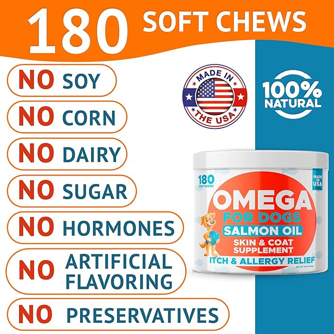 Omega 3 Fish Oil for Dogs Bundle - Skin&amp;Coat Chews - Dry&amp;Itchy Skin Relief + Allergy Support - EPA&amp;DHA Fatty Acids - Natural Salmon Oil Chews Promotes Heart, Hip&amp;Joint Support -360 Chews - Made in USA