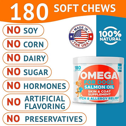 Omega 3 Fish Oil for Dogs Bundle - Skin&amp;Coat Chews - Dry&amp;Itchy Skin Relief + Allergy Support - EPA&amp;DHA Fatty Acids - Natural Salmon Oil Chews Promotes Heart, Hip&amp;Joint Support -360 Chews - Made in USA