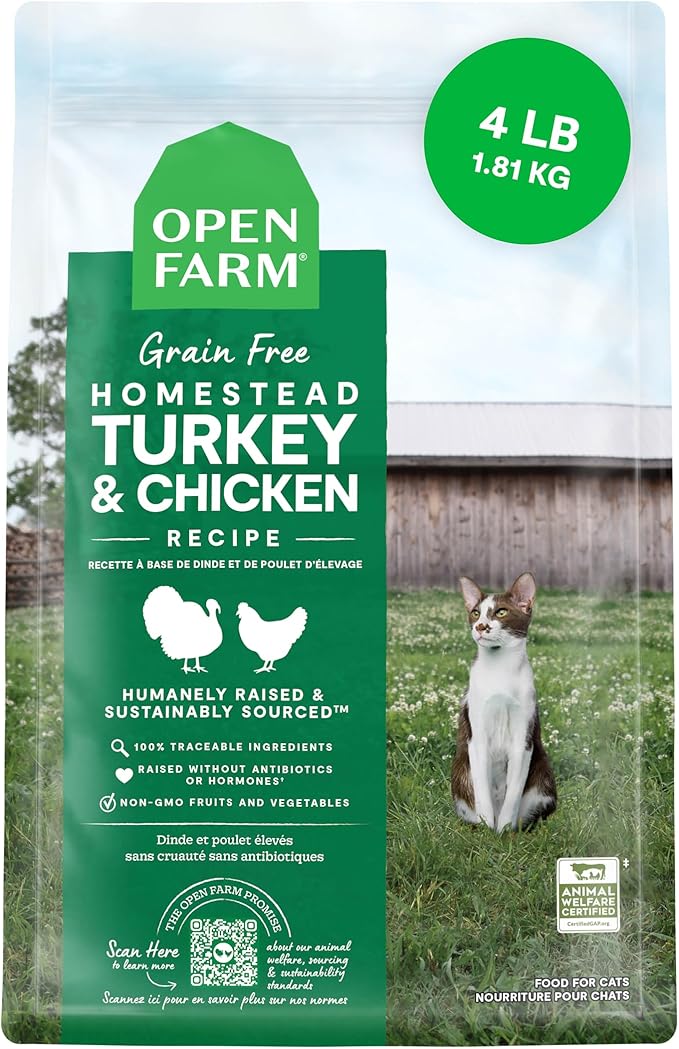 Open Farm, Grain Free Dry Cat Food, High-Protein Kibble for a Complete &amp; Balanced Diet, Non-GMO Fruits &amp; Vegetables, Prebiotic Fibers to Support Digestion, Homestead Turkey &amp; Chicken Recipe, 4lb Bag