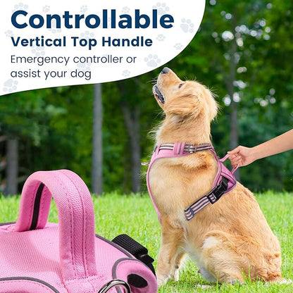 Funfox Dog Harness No Pull, Adjustable Pet Vest Harness, Super Soft Material with Vertical Handle Easy Control, Reflective Night Walking, 2 Leash Clips for Large Dogs, Pink, L