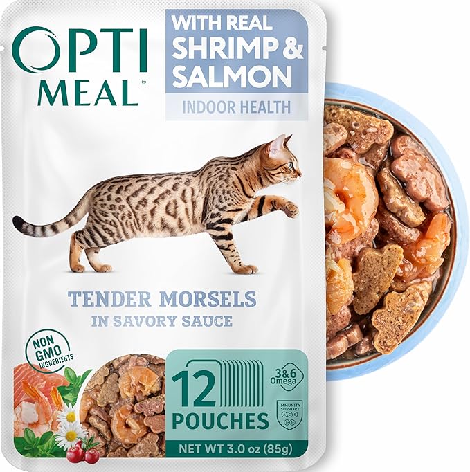 Optimeal Grain-Free Wet Cat Food – Shrimp &amp; Salmon Recipe, High Protein &amp; Moisture Rich Indoor Adult Cats Food, Tender Morsels in Savory Gravy Natural Ingredients - 3 oz Pouches, 12 Pack