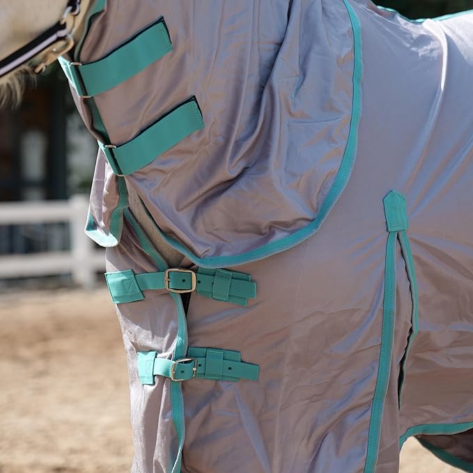 Horse Fly Sheet with Detachable Neck Cover &amp; Belly Wrap, Adjustable Fly Sheet for Horses, Ventilated Airflow Mesh Equine Cooling Summer Flysheet Grey 69