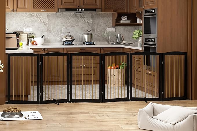 Freestanding Pet Gate for Dogs, Indoor Wooden Dog Gate for House, Extra Wide Dog gate, Foldable Dog Gate for Stair, Doorway, Hall, Support Feet Included, 120 Inch Wide, 6 Panels 32",Black&amp;Gold