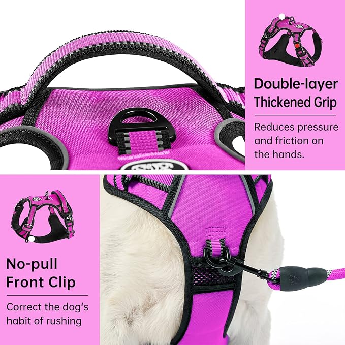 IVY&amp;LANE No Pull Dog Harness for Large Dogs, Dog Vest Harness with Leash, Safety Belt and Storage Strap, Fully Adjustable Harness, 360° Reflective Strip, Soft Handle (Fuchsia Pink, L)