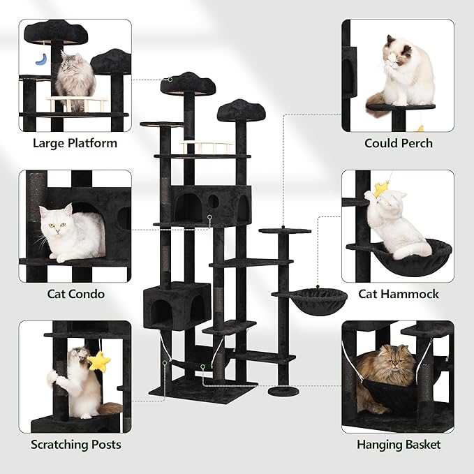 85inch Giant Cat Tree for Heavy Duty Big Cats, Multi-Level Luxury Cat Tower with Scratching Post, Cat Condo with Hammocks &amp; Plush Perches for Indoor Cats Large Adult, Black
