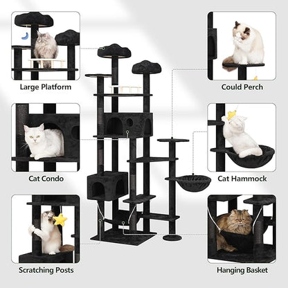 85inch Giant Cat Tree for Heavy Duty Big Cats, Multi-Level Luxury Cat Tower with Scratching Post, Cat Condo with Hammocks &amp; Plush Perches for Indoor Cats Large Adult, Black