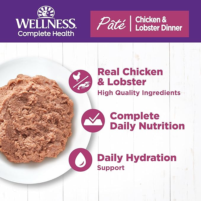 Wellness Complete Health Pate Adult Wet Cat Food, Natural, Protein-Rich, Grain Free, 3 Ounce, 24 Pack, (Chicken &amp; Lobster)
