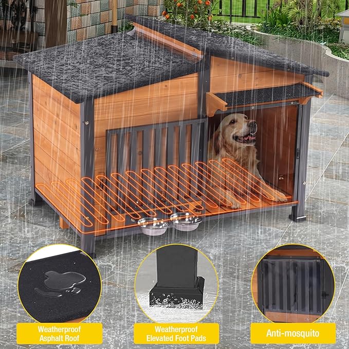 Chew-Resistant Dog House with Metal Frame, Wooden Kennel for Indoor &amp; Outdoor Use, Waterproof Roof &amp; Feeding Bowls Included (Wood, L-in)