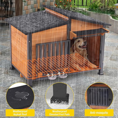 Chew-Resistant Dog House with Metal Frame, Wooden Kennel for Indoor &amp; Outdoor Use, Waterproof Roof &amp; Feeding Bowls Included (Wood, L-in)